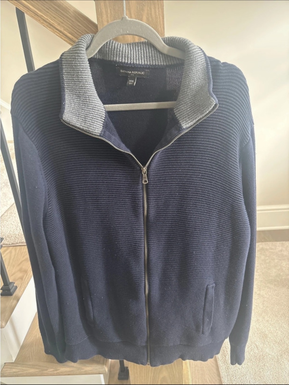Banana Republic Men's Navy Zip-Front Sweater with Gray Collar XXL